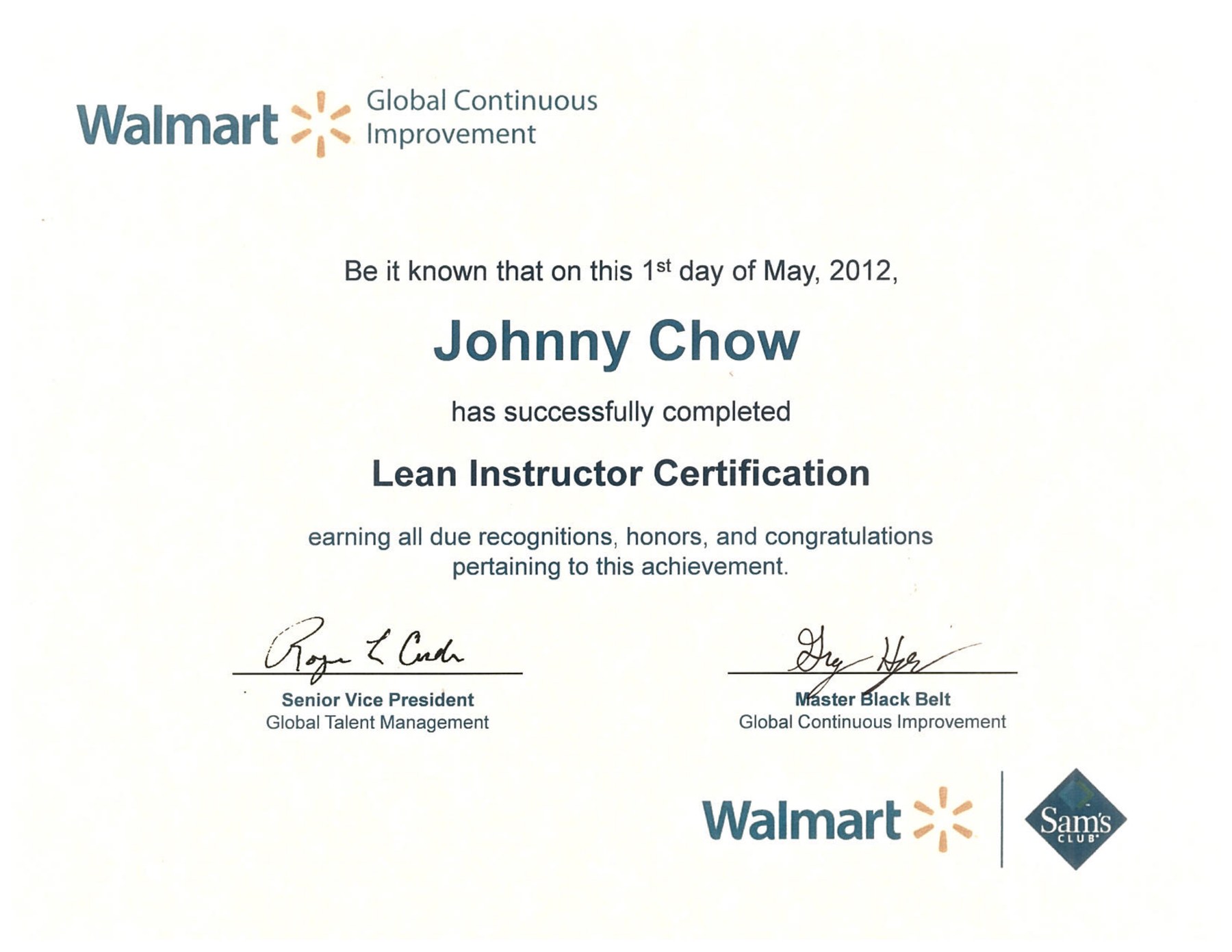 Walmart Lean Instructor Certification — official certificate